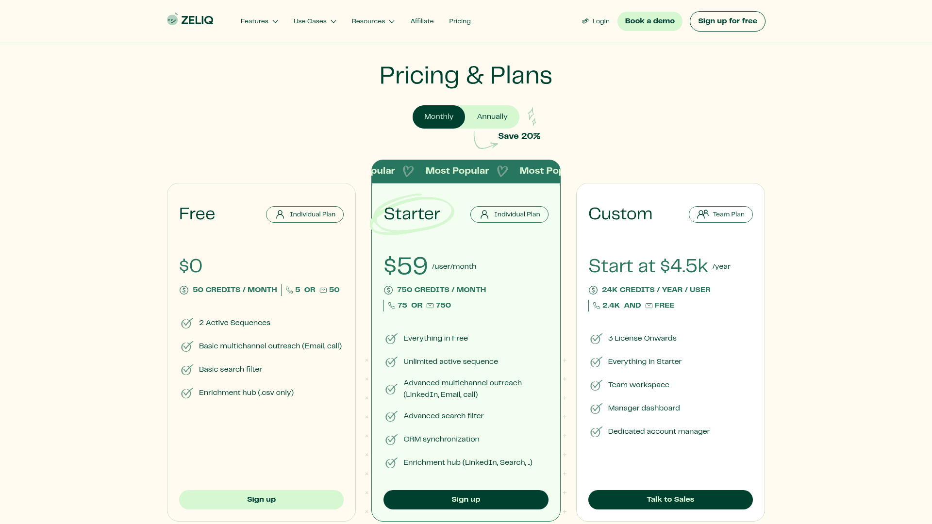 Pricing page of Zeliq