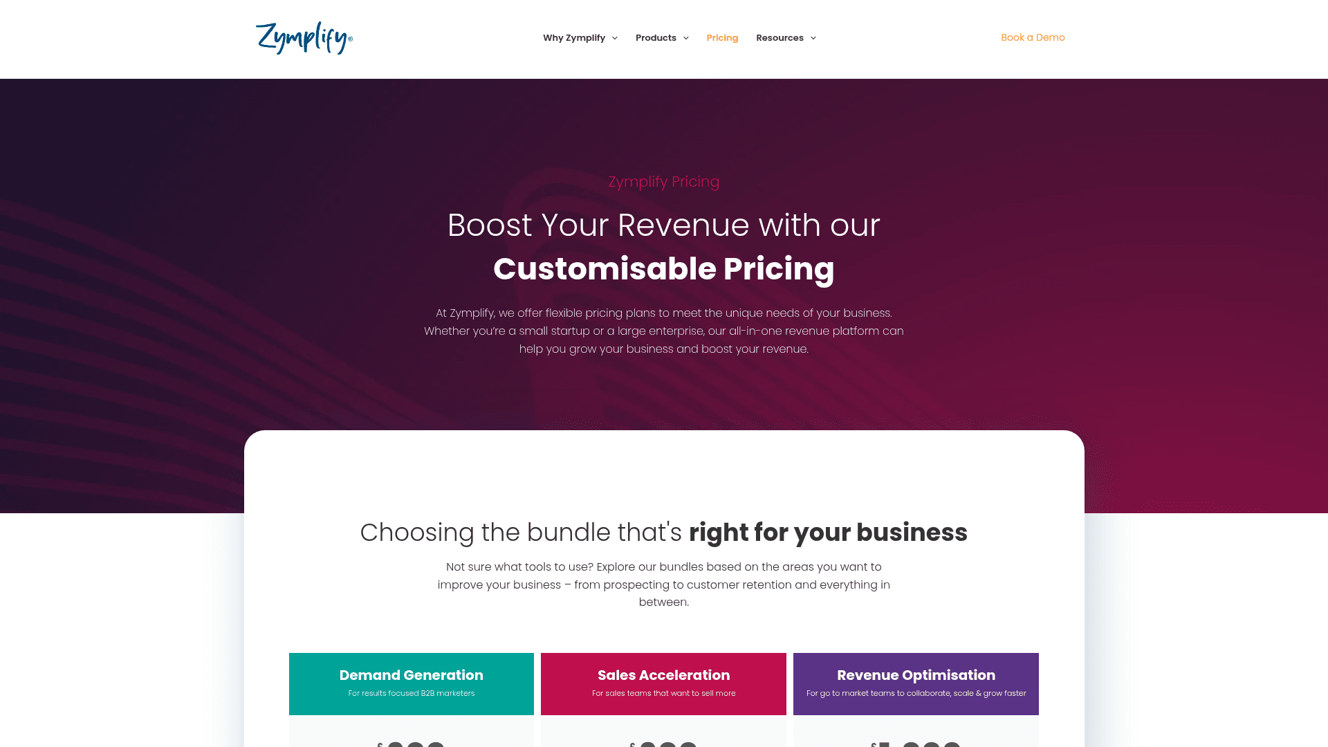 Pricing page of Zymplify